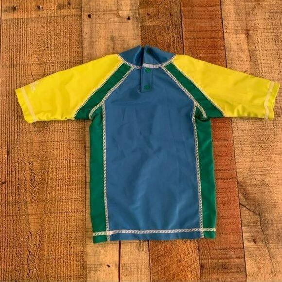 UV skins boys rashguard with surfing dinosaur in blue and green -12/18M - Picture 7 of 8